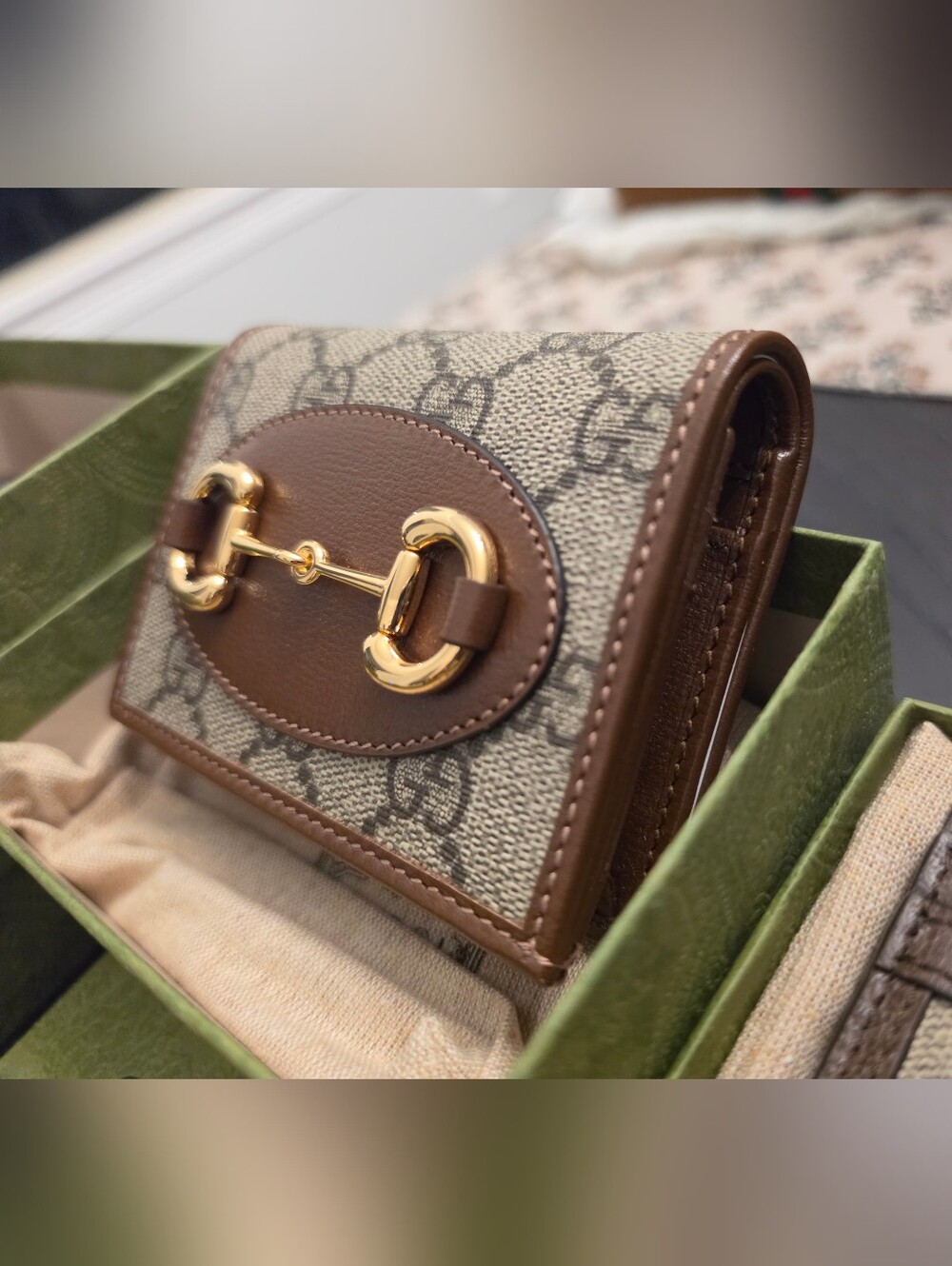 Gucci GG Beige Canvas and Brown Leather Wallet with Gold Hardware